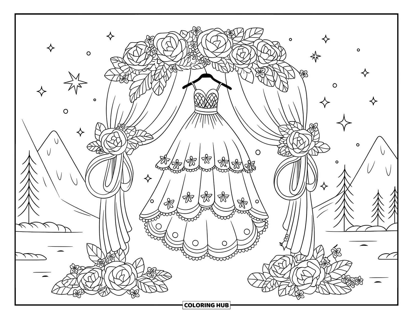 Wedding Dress Coloring Page for Adults: A wedding dress with intricate lace and ruffles hangs from a floral arch in a peaceful landscape