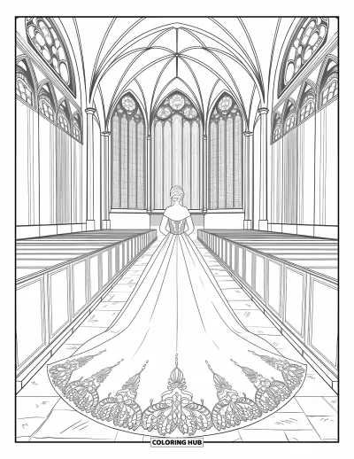 Wedding Dress Coloring Page for Adults: She stands before a castle, her ballgown adorned with intricate embroidery and delicate filigree