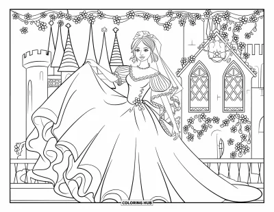 Wedding Dress Coloring Page for Adults: She stands before a castle, her voluminous gown billowing in an enchanting fairytale scene
