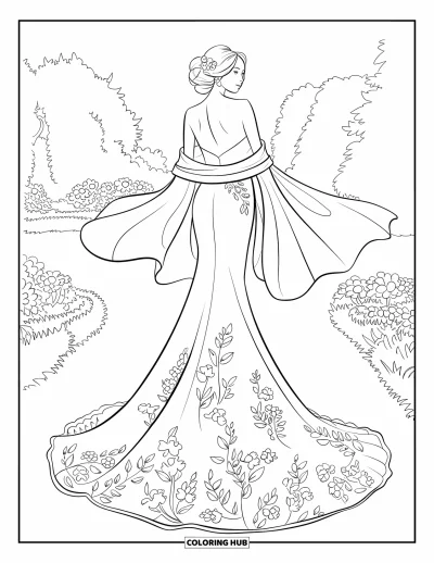 Wedding Dress Coloring Page for Adults: She stands in a serene garden, her lace gown blending beautifully with the blooming surroundings