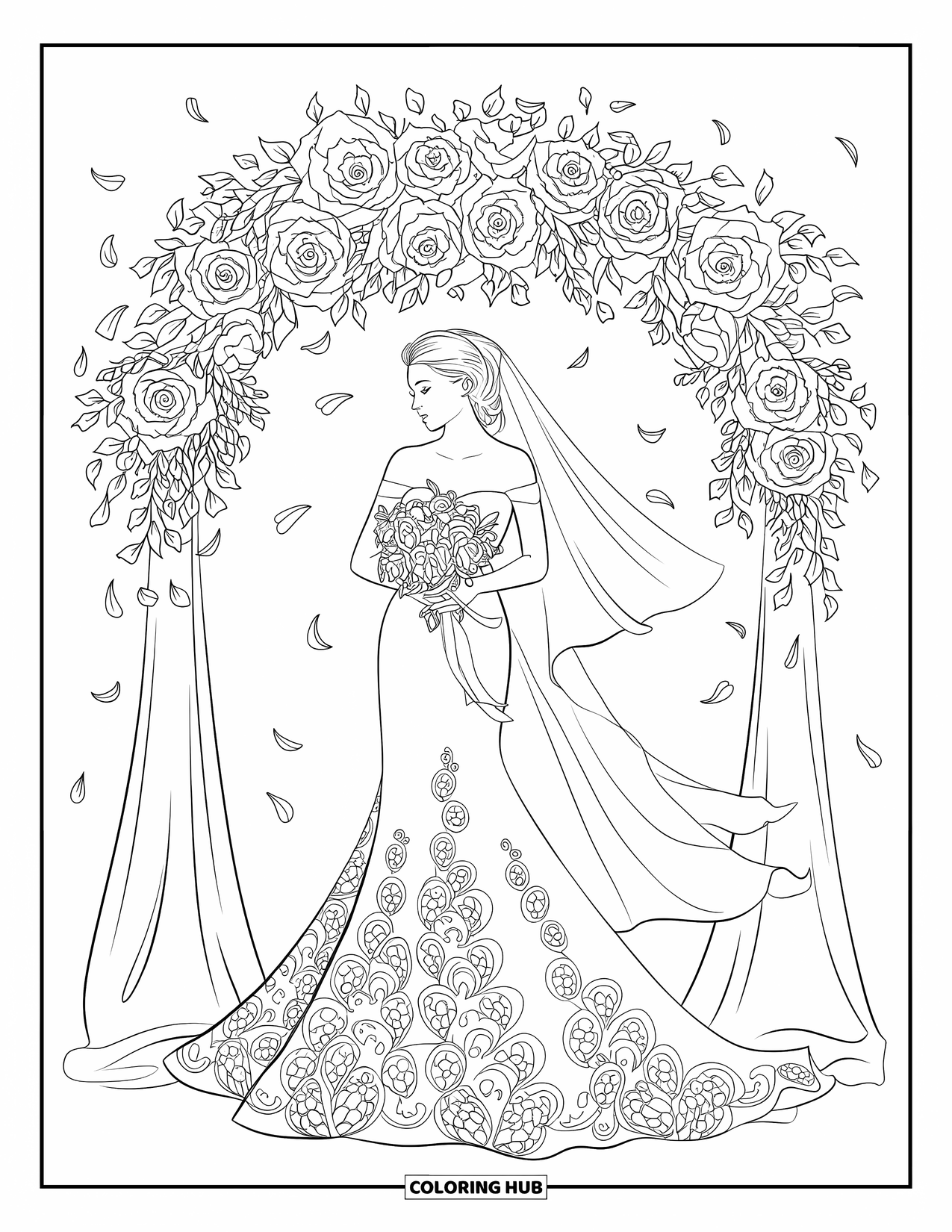 Wedding Dress Coloring Page for Adults: She walks along a garden path, her delicate gown brushing against blooming roses and ivy