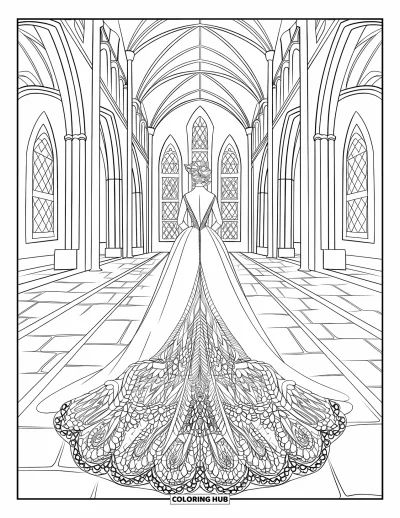 Wedding Dress Coloring Page for Adults: The bride moves toward the altar, her embroidered train catching the light from cathedral windows