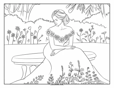 Wedding Dress Coloring Page for Adults: The bride sits on a stone bench, surrounded by lush greenery and blooming flowers