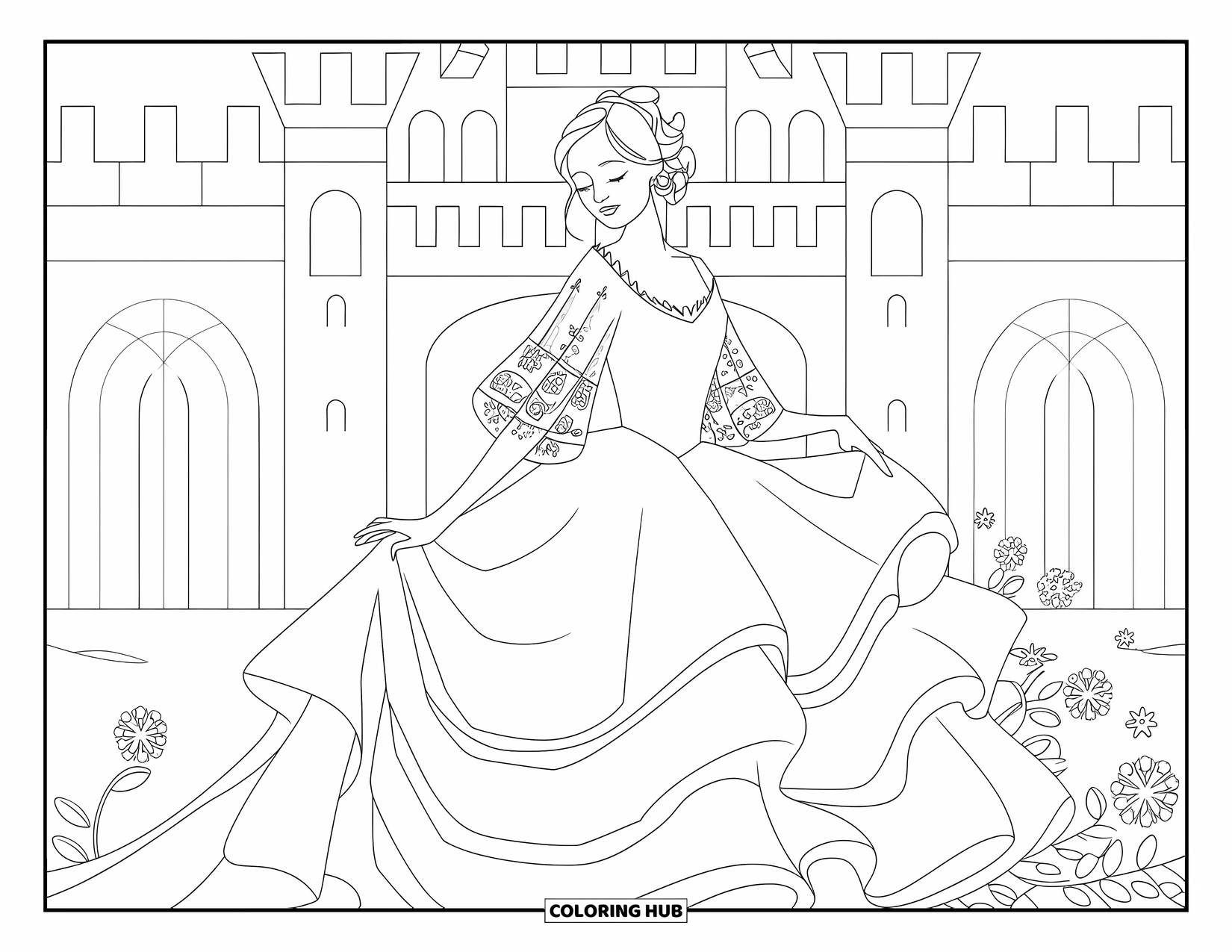 Wedding Dress Coloring Page for Adults: The bride stands near a castle, holding her gown as ivy climbs the stone walls