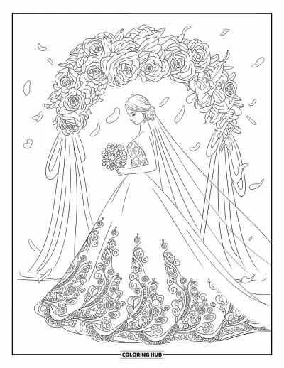 Wedding Dress Coloring Page for Adults: The bride twirls in an elegant ballroom, her layered gown flowing as chandeliers cast a glow