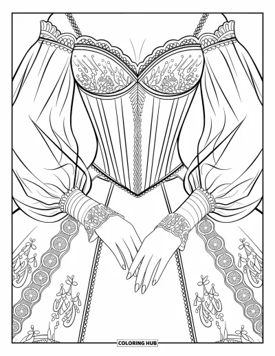 Wedding Dress Coloring Page for Adults: The bride walks down the aisle, her embroidered train flowing beneath towering cathedral arches