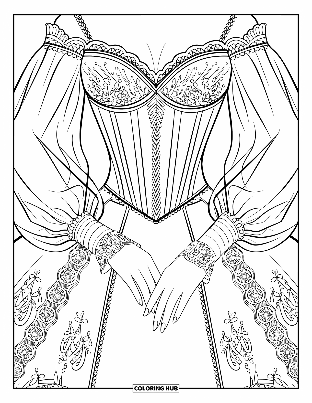 Wedding Dress Coloring Page for Adults: The bride walks down the aisle, her embroidered train flowing beneath towering cathedral arches