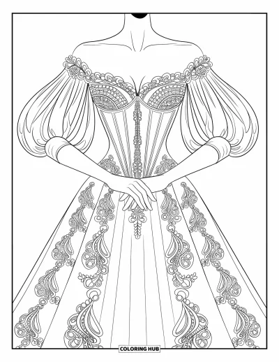 Wedding Dress Coloring Page for Adults: The bride's torso is adorned in lace, her sheer sleeves draping over an elegant corset