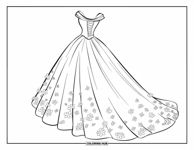 Wedding Dress Coloring Page for Kids: A ballroom-style wedding dress with flowing tulle layers and scattered floral motifs stands elegantly