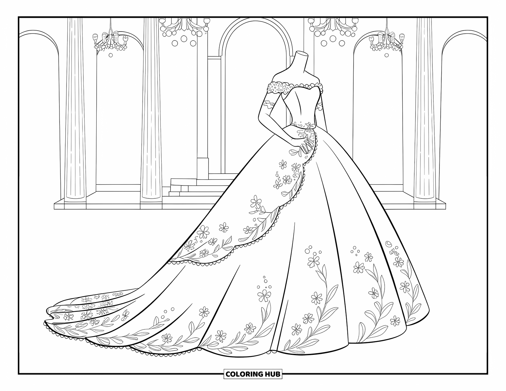 Wedding Dress Coloring Page for Kids: A ballroom-style wedding gown with lace and pearls is framed by a grand wedding venue