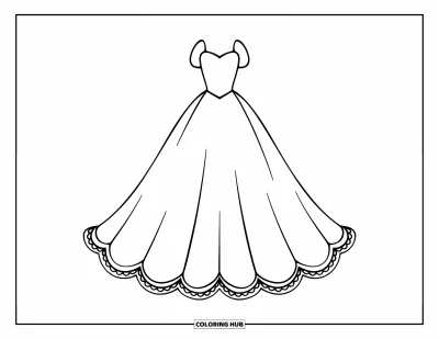 Wedding Dress Coloring Page for Kids: A classic A-line gown with a scalloped hem, perfect for a graceful bride