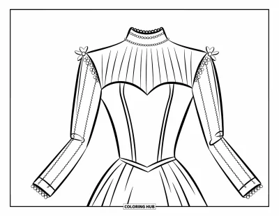 Wedding Dress Coloring Page for Kids: A classic high-neck wedding gown with pearl details and a full skirt rests against a white background