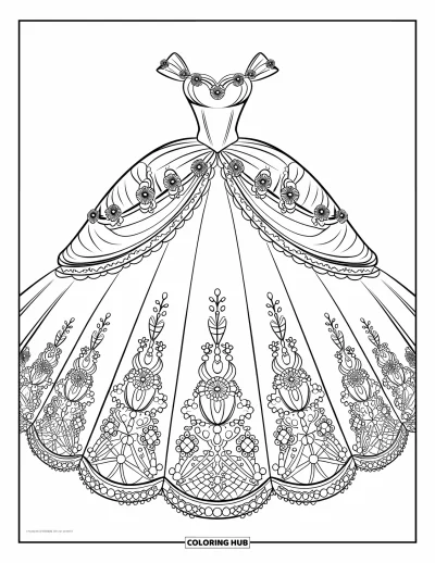 Wedding Dress Coloring Page for Kids: A dramatic ballgown wedding dress with embroidered floral details and a sweeping train is showcased