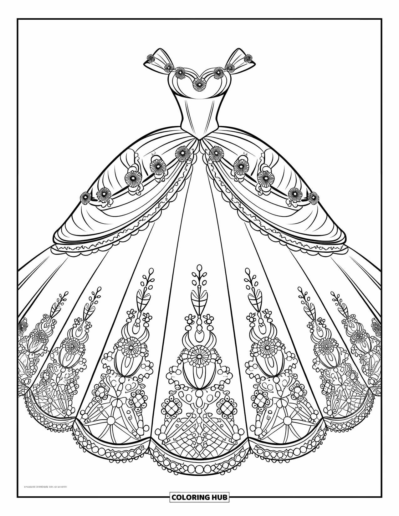Wedding Dress Coloring Page for Kids: A dramatic ballgown wedding dress with embroidered floral details and a sweeping train is showcased