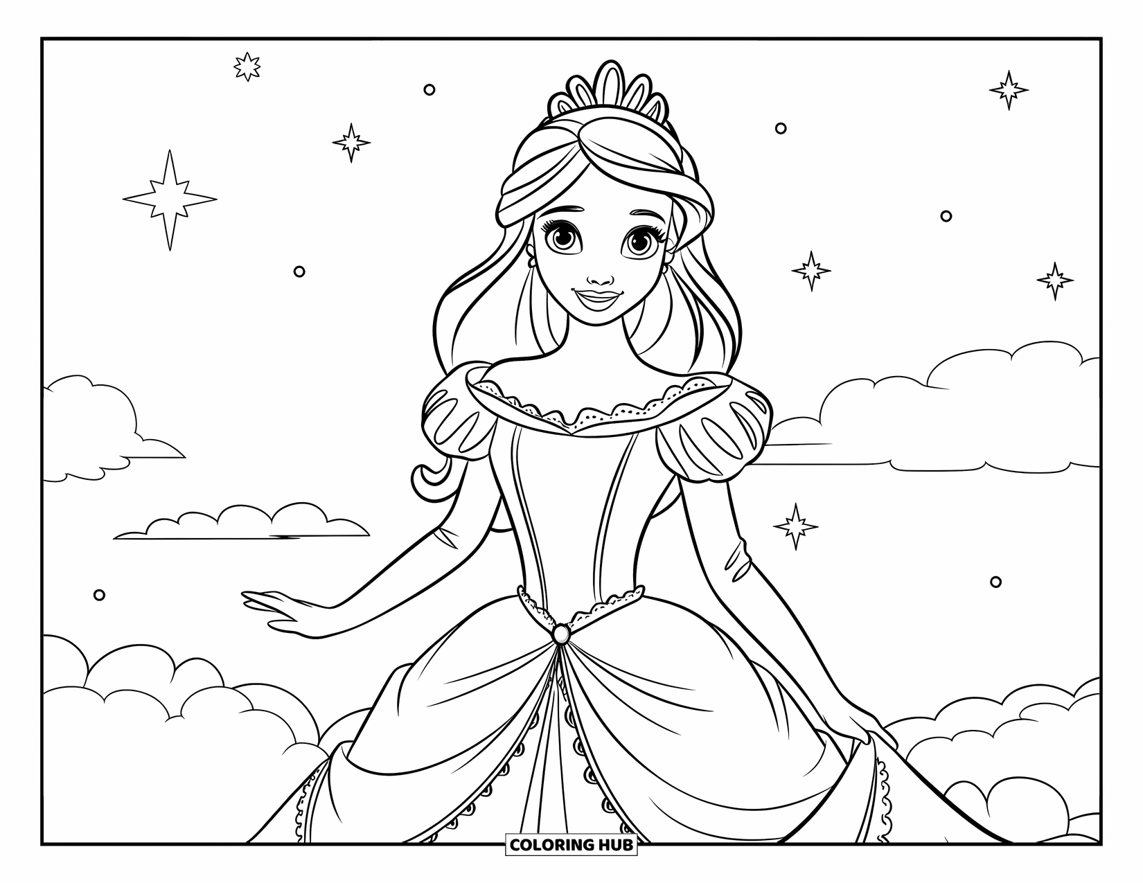 Wedding Dress Coloring Page for Kids: A dreamy wedding dress with puffed sleeves and pearl details floats on a cloud under the stars