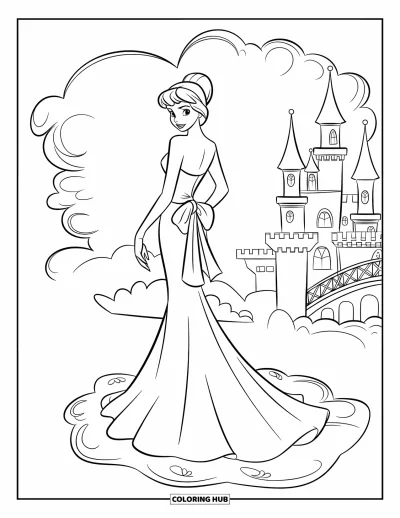 Wedding Dress Coloring Page for Kids: A fitted wedding gown with a sash and elegant bow is worn by a princess standing on a cloud