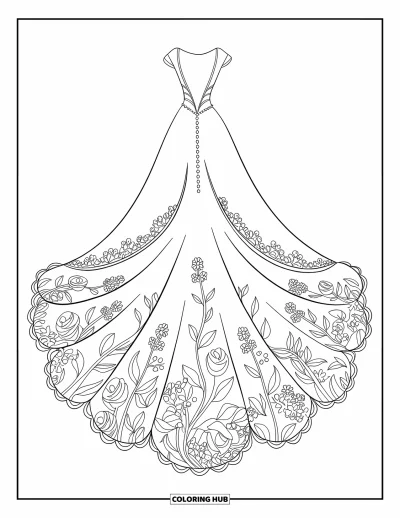 Wedding Dress Coloring Page for Kids: A floral-adorned wedding dress with a long, blooming train exudes grace and sophistication