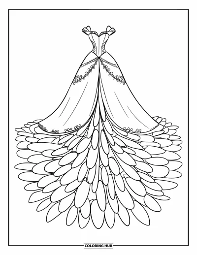 Wedding Dress Coloring Page for Kids: A floral-inspired wedding dress with lace, beads, and petal-like layers forms a blooming silhouette