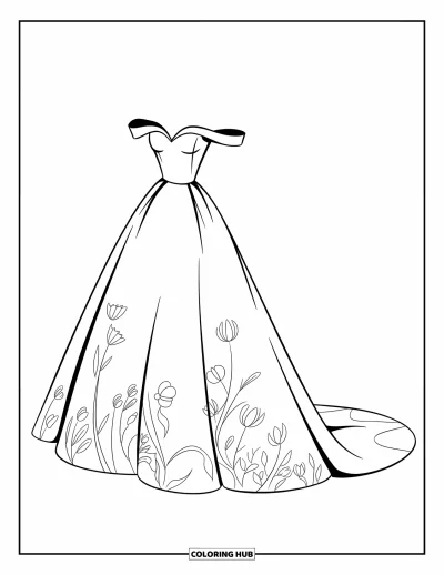 Wedding Dress Coloring Page for Kids: A flowing off-shoulder wedding gown with delicate floral details is designed for timeless romance