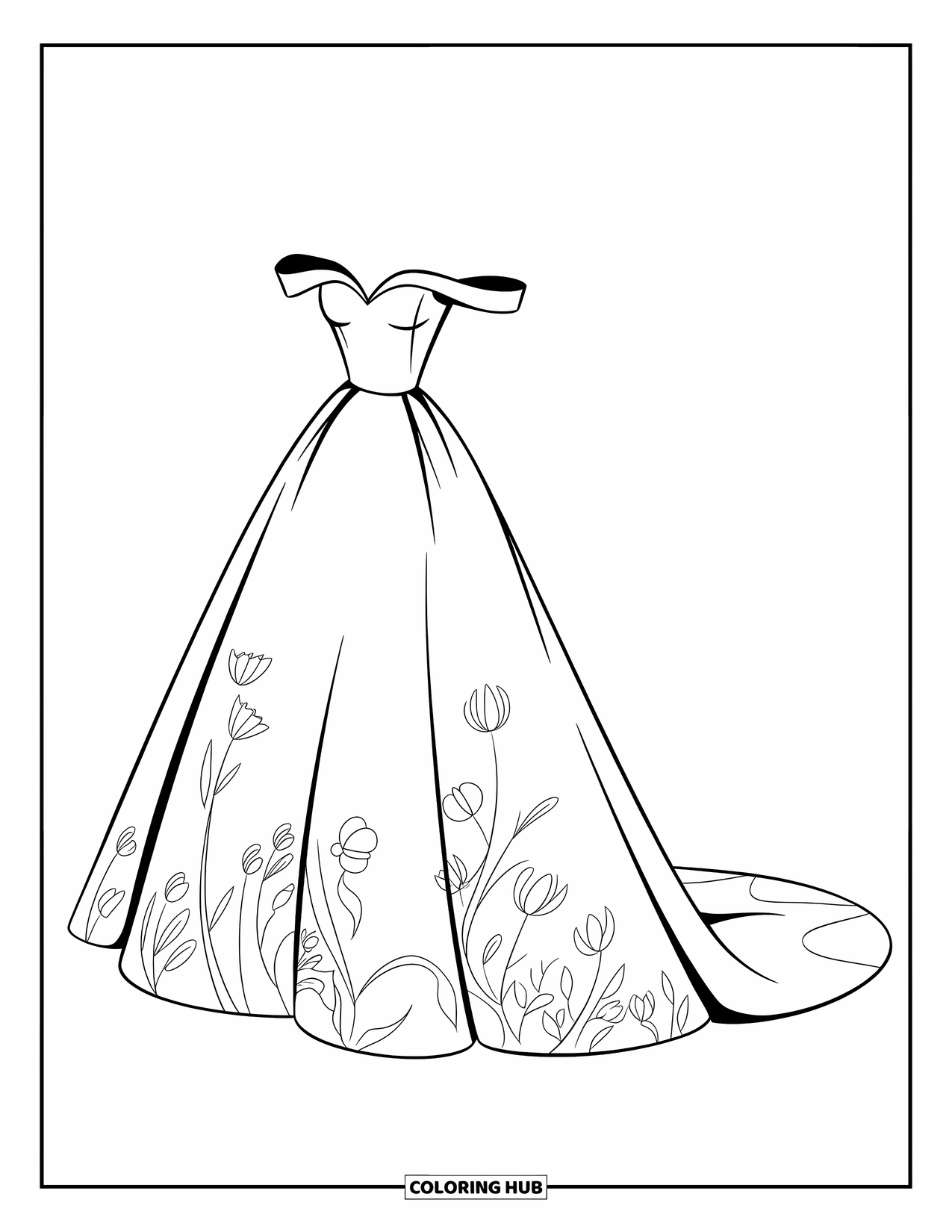 Wedding Dress Coloring Page for Kids: A flowing off-shoulder wedding gown with delicate floral details is designed for timeless romance