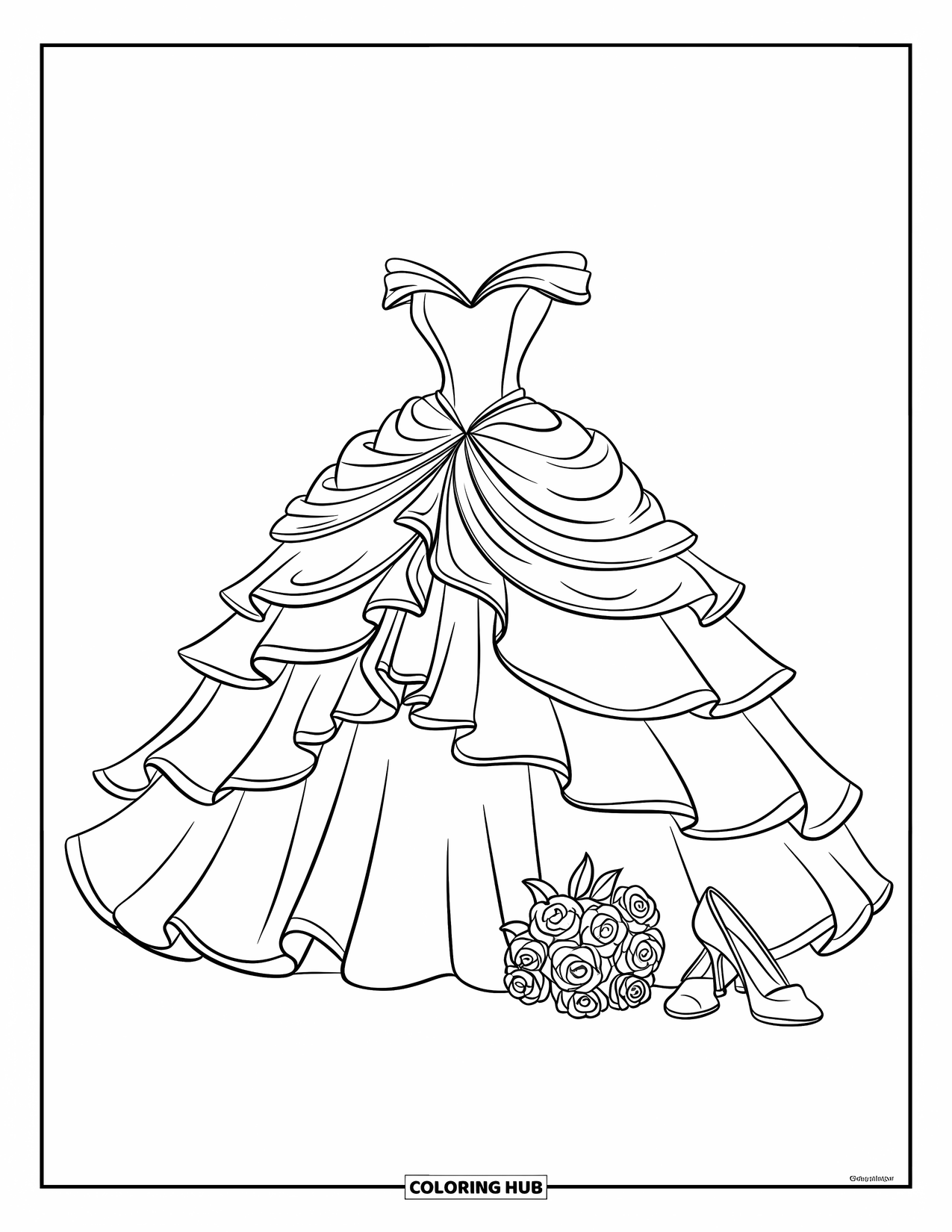 Wedding Dress Coloring Page for Kids: A full-skirted wedding dress with ruffles, a sweetheart neckline, and roses