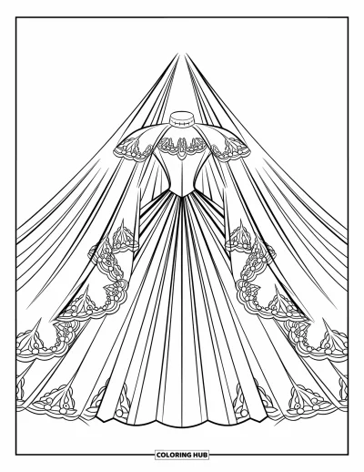 Wedding Dress Coloring Page for Kids: A gothic wedding dress with lace details and a long, sweeping veil stands in striking contrast