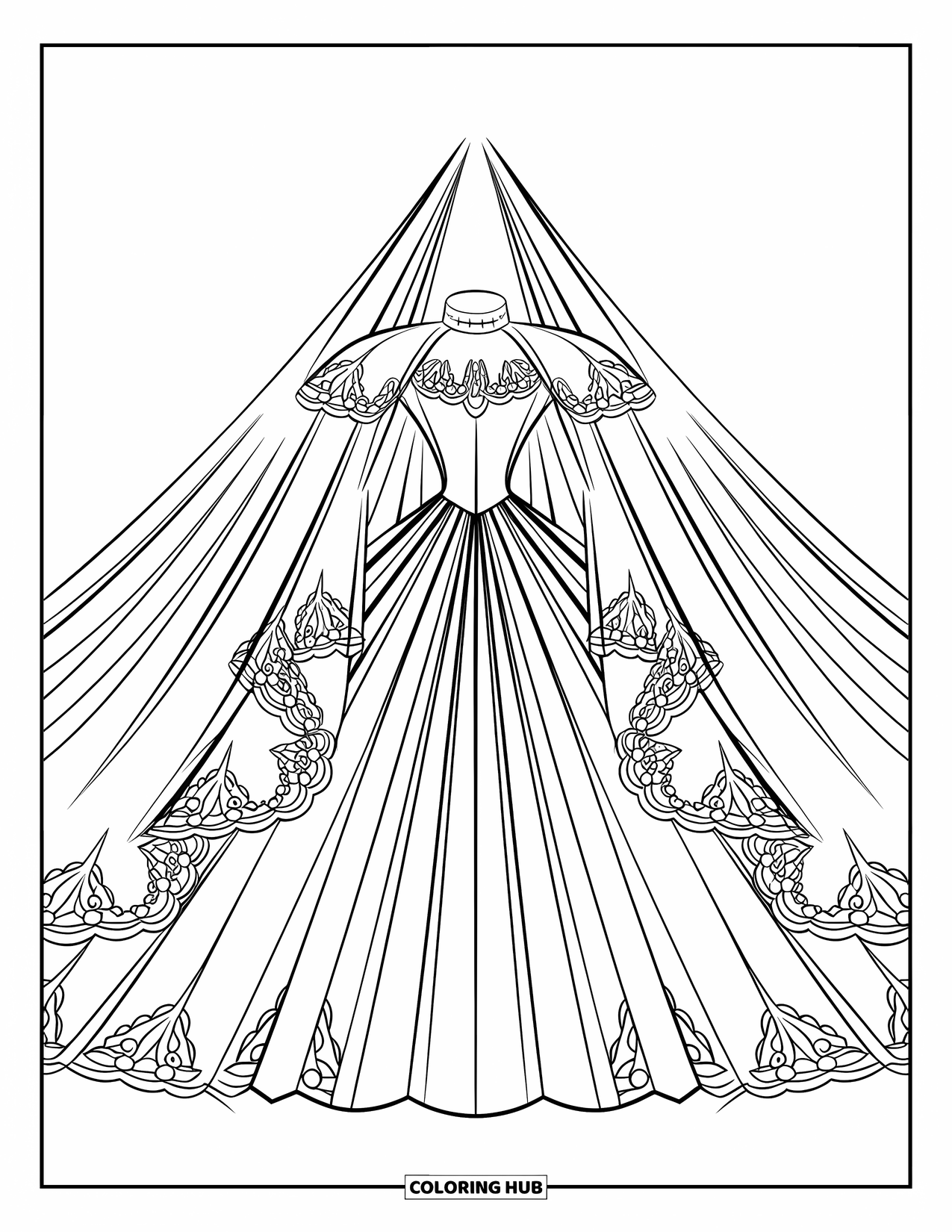 Wedding Dress Coloring Page for Kids: A gothic wedding dress with lace details and a long, sweeping veil stands in striking contrast