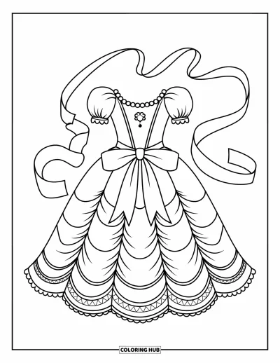 Wedding Dress Coloring Page for Kids: A gown with a sweetheart neckline, lace details, and a ribbon at the front