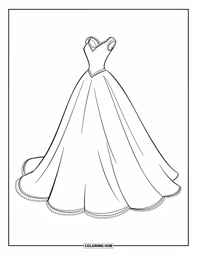 Wedding Dress Coloring Page for Kids: A gown with ruffled details and lace trim for an elegant bride