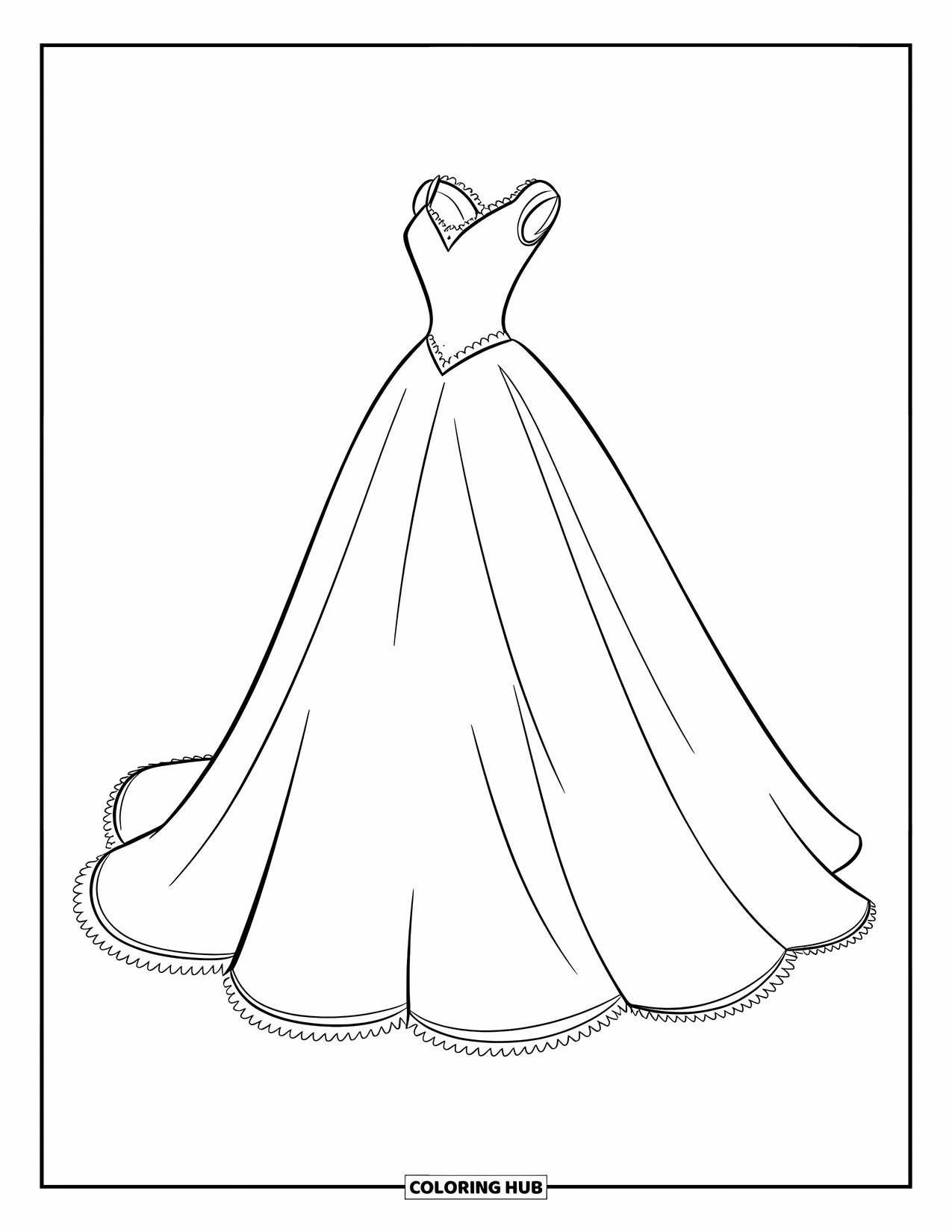 Wedding Dress Coloring Page for Kids: A gown with ruffled details and lace trim for an elegant bride