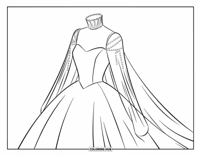 Wedding Dress Coloring Page for Kids: A high-neck wedding dress with delicate pearl embroidery and a flowing train exudes elegance