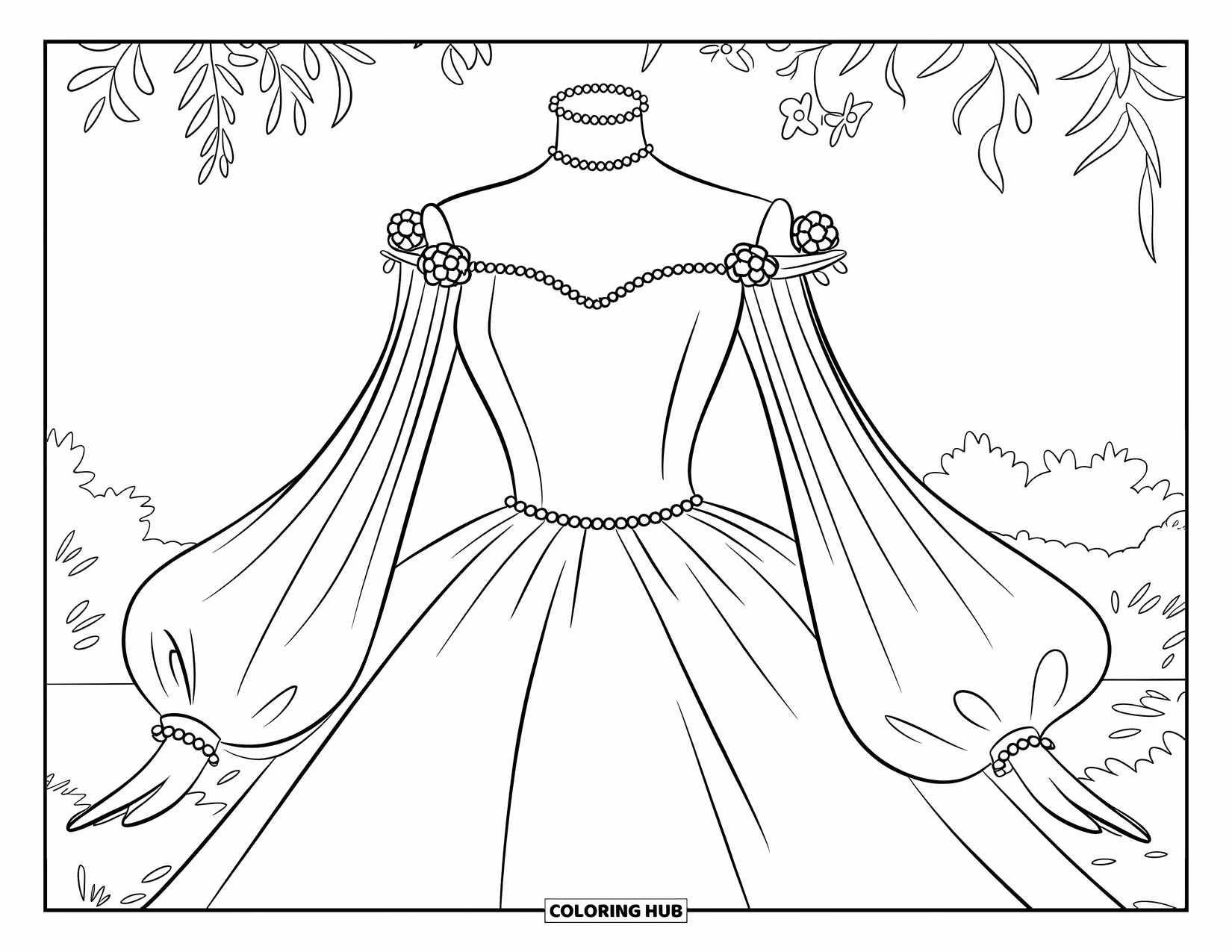 Wedding Dress Coloring Page for Kids: A high-neck wedding dress with embroidered sleeves and floral details stands in a lush garden