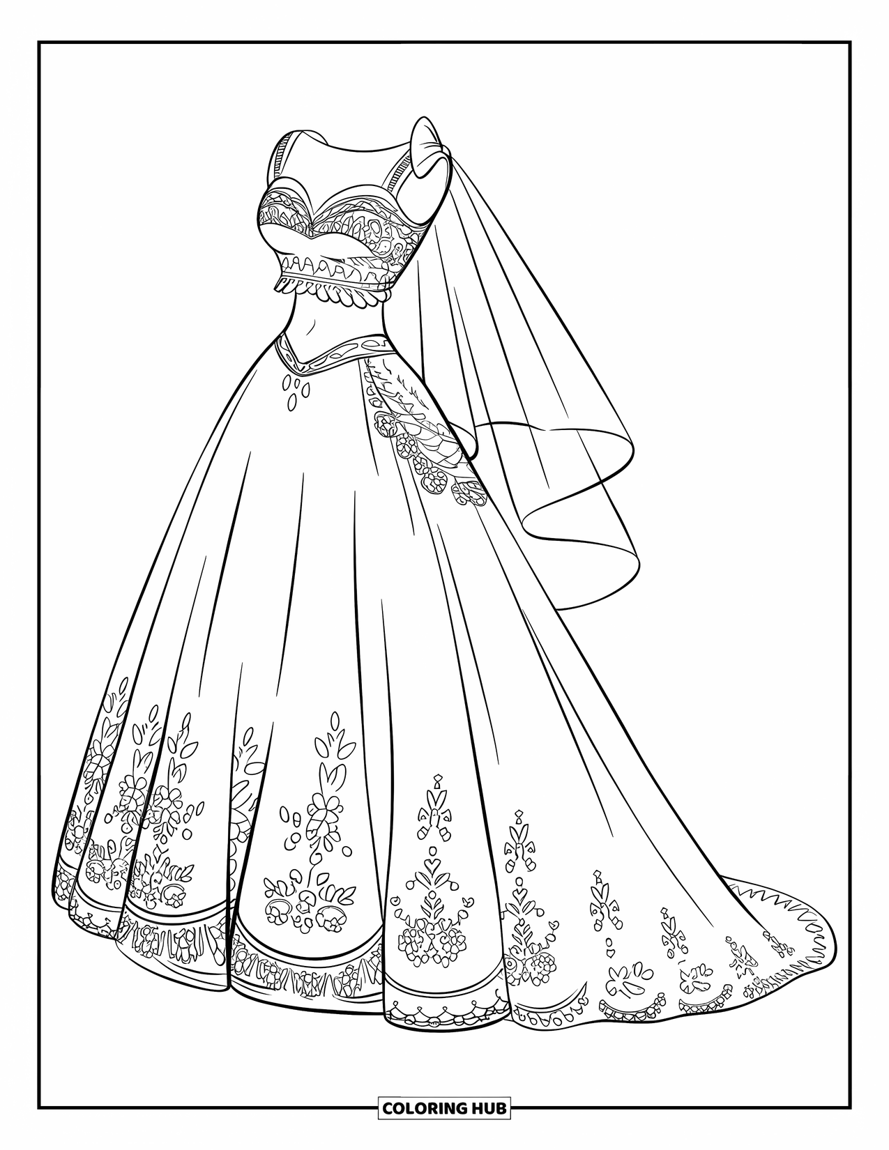 Wedding Dress Coloring Page for Kids: A lace-detailed two-piece wedding gown with a sweeping train is adorned with delicate beadwork