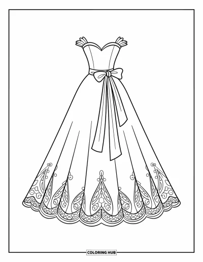 Wedding Dress Coloring Page for Kids: A lace-detailed wedding dress with a full skirt and a back bow sits beautifully on display