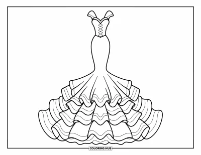 Wedding Dress Coloring Page for Kids: A lace-up mermaid wedding dress with layered ruffles and a sweeping train