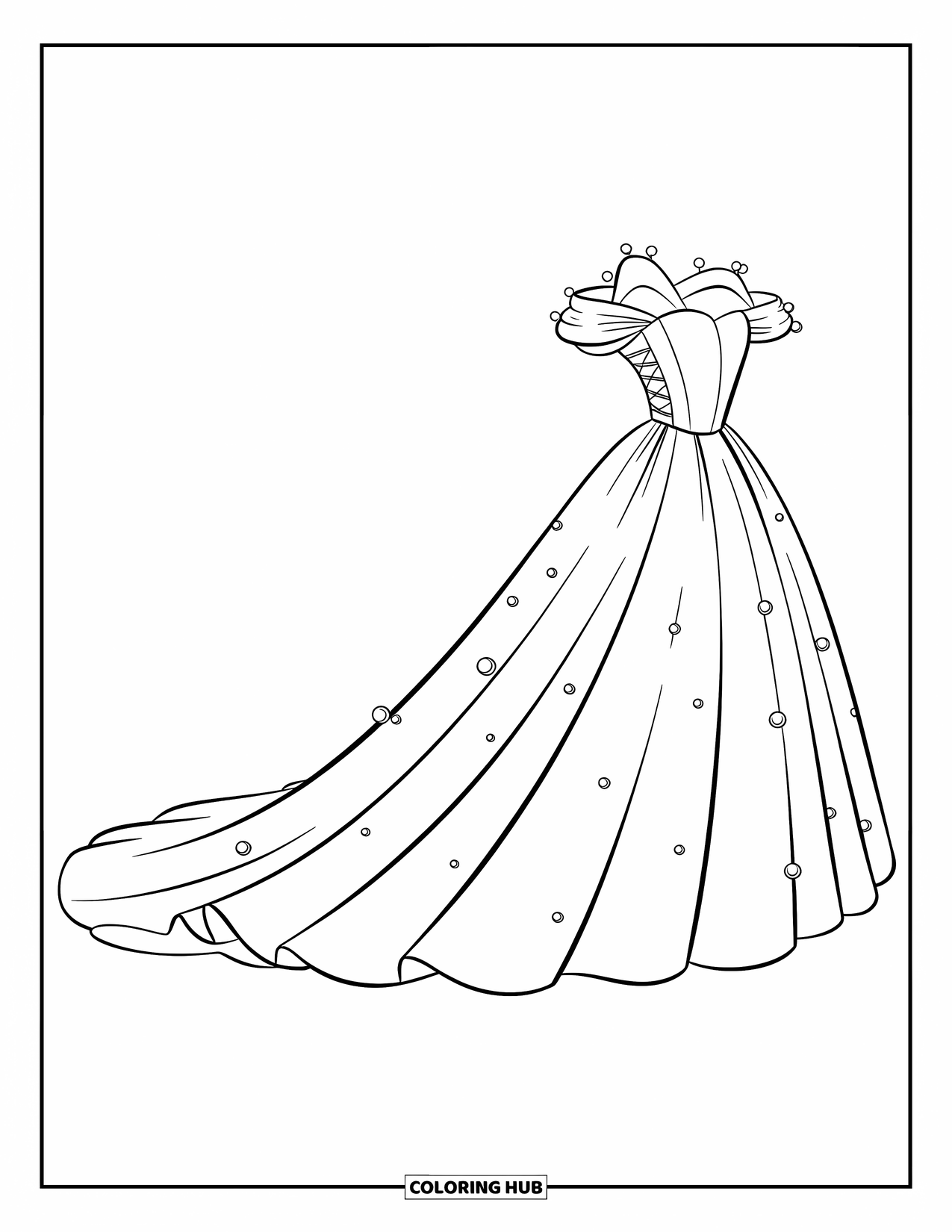 Wedding Dress Coloring Page for Kids: A lace-up vintage wedding dress with a sweetheart neckline and flowing skirt