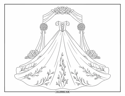 Wedding Dress Coloring Page for Kids: A lace-up wedding dress with a dramatic train sits beneath a floral-adorned archway