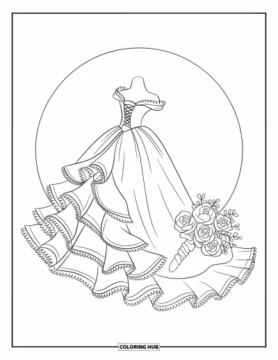 Wedding Dress Coloring Page for Kids: A lace-up wedding dress with ruffles and a ribbon-wrapped bouquet