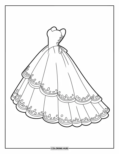 Wedding Dress Coloring Page for Kids: A layered wedding dress with a scalloped trim and lace-up back