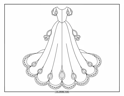 Wedding Dress Coloring Page for Kids: A low-back wedding dress with scalloped details and lace accents