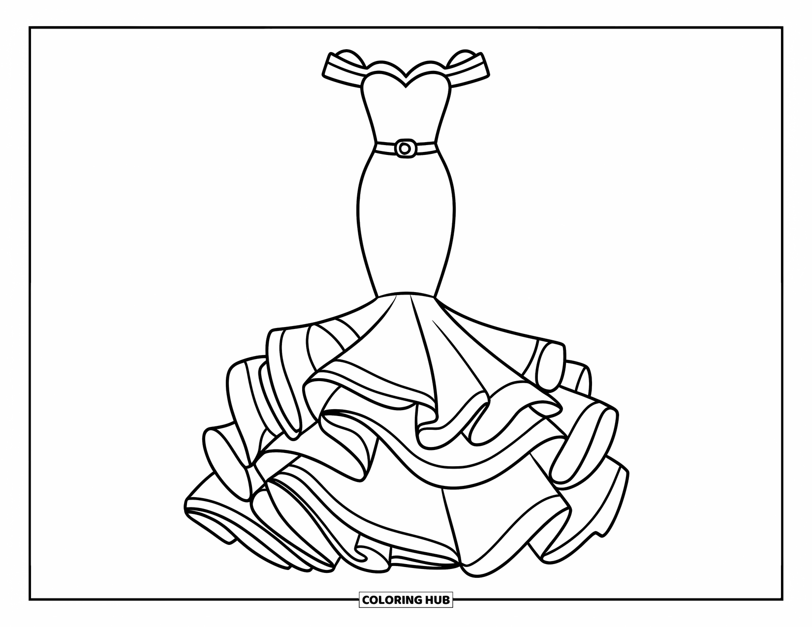 Wedding Dress Coloring Page for Kids: A mermaid-cut wedding dress with a dramatic ruffled bottom and a sweetheart neckline