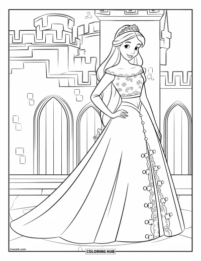 Wedding Dress Coloring Page for Kids: A modern two-piece wedding dress with a lace top and flowing skirt is worn by a princess
