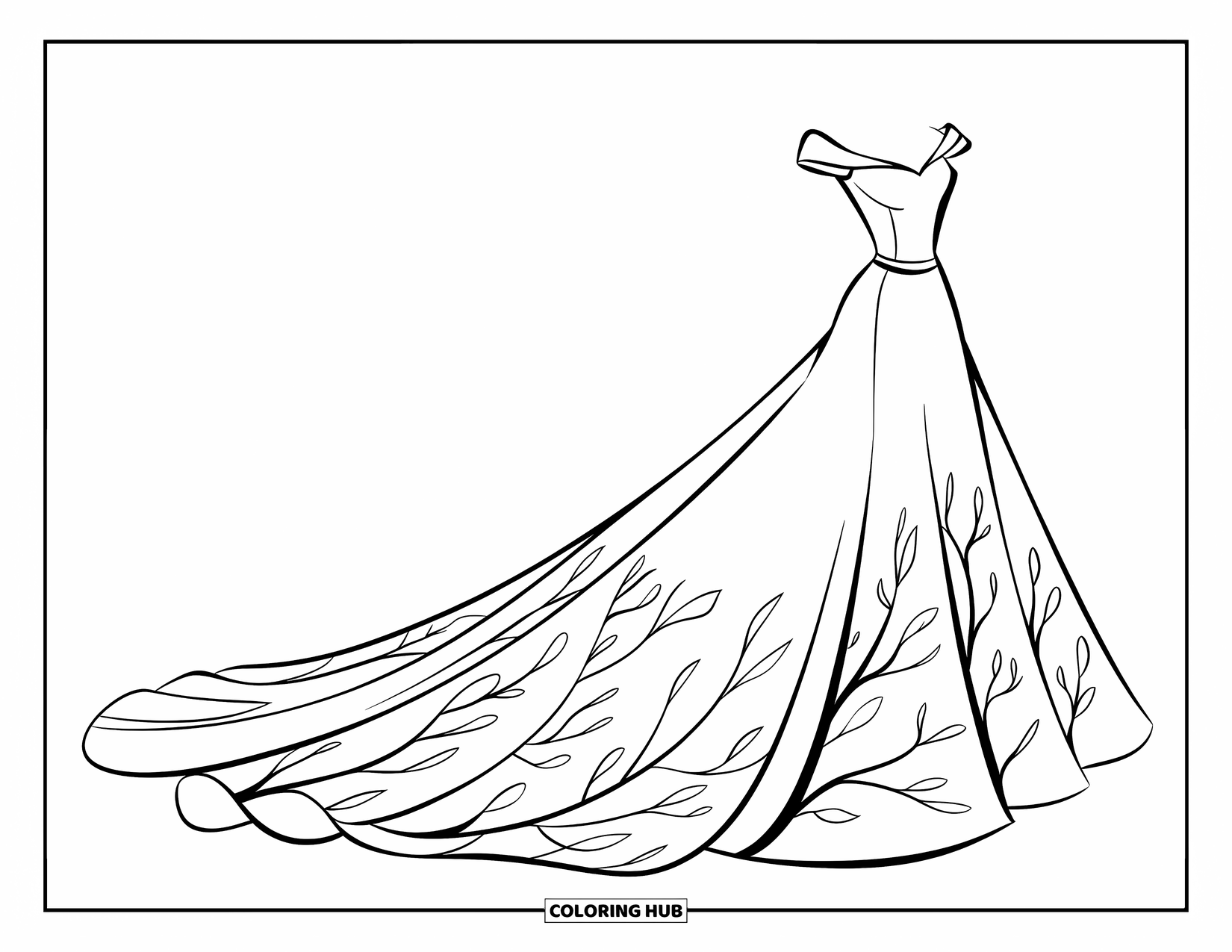 Wedding Dress Coloring Page for Kids: A modern wedding dress with a dramatic train and vine-like patterns exudes natural elegance