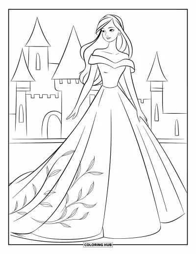 Wedding Dress Coloring Page for Kids: A modern wedding dress with an off-shoulder design and subtle floral engravings exudes sophistication