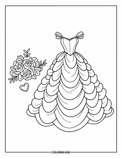 Wedding Dress Coloring Page for Kids: A princess gown with ruffles, a heart detail, and a small bouquet