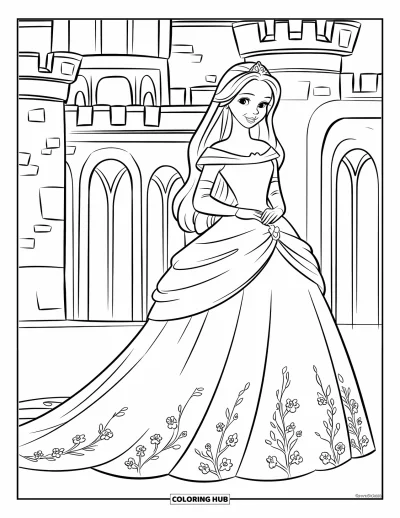 Wedding Dress Coloring Page for Kids: A princess in a flowing wedding gown stands before a grand castle