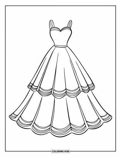 Wedding Dress Coloring Page for Kids: A princess in a layered wedding dress with a scalloped trim