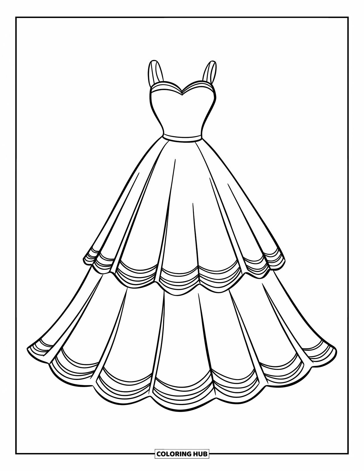 Wedding Dress Coloring Page for Kids: A princess in a layered wedding dress with a scalloped trim