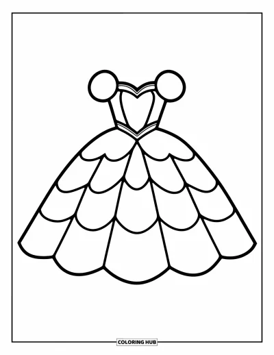 Wedding Dress Coloring Page for Kids: A princess in a puffy gown with a heart neckline and a crown