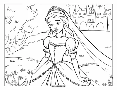 Wedding Dress Coloring Page for Kids: A princess in a wedding dress with puffed sleeves and pearl details stands in a blooming garden